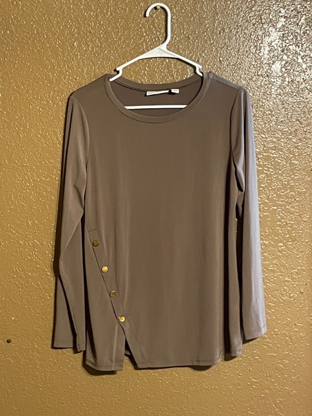 Susan Graver Taupe Long-Sleeve Top with Diagonal Gold Buttons